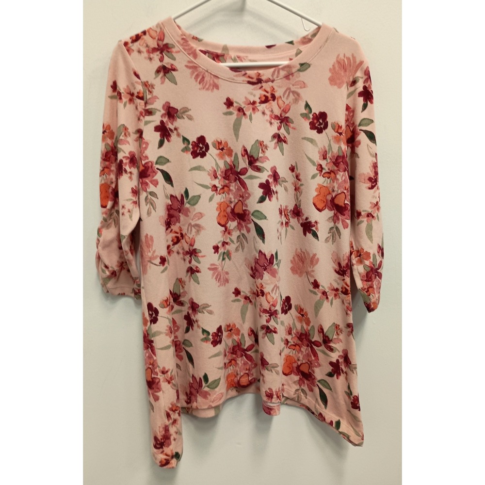 Denim & Co Floral Tunic Top Womens MP Pink BOHO Cottagecore 3/4 Sleeve